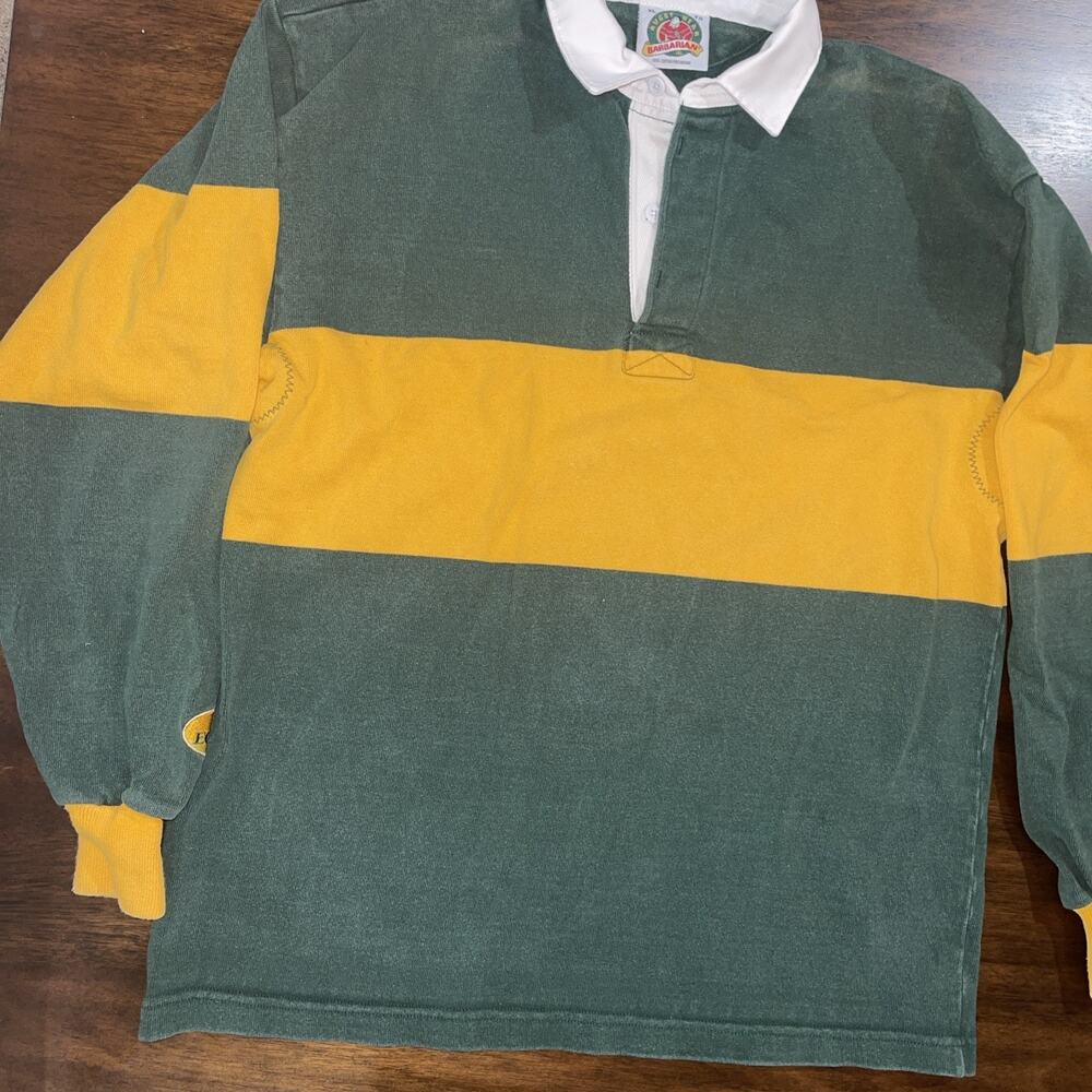 Vintage Barbarian Rugby Shirt Mens XL Green/Gold Striped Preppy